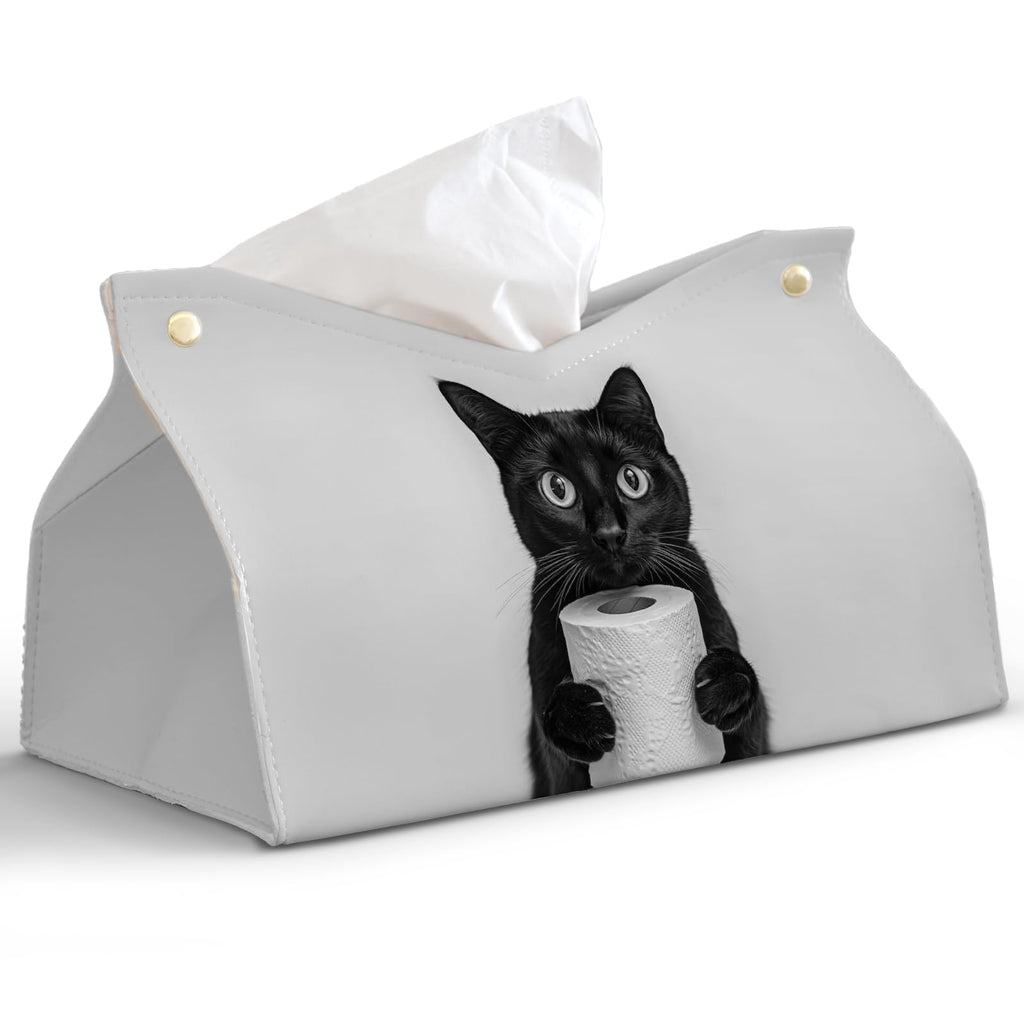 PaJiaNi Cute Black Cat Leather Tissue Box Cover for Bathroom Decor,Fun Cat Toilet Paper Box Holder,Funny Decorative Facial Paper Case for Living Room Bathroom Office Desk,9.8x5.9x5.9In