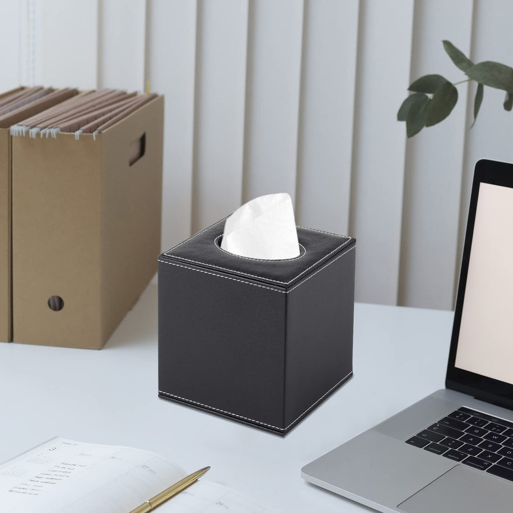 RHCSZ PU Leather Tissue Box Cover Square,Upgrade Large Size Napkin Holder Pumping Paper Case Dispenser,Facial Tissue Holder with Magnetic Bottom for Home Office Car Hotel Restaurant Black (Black-1)