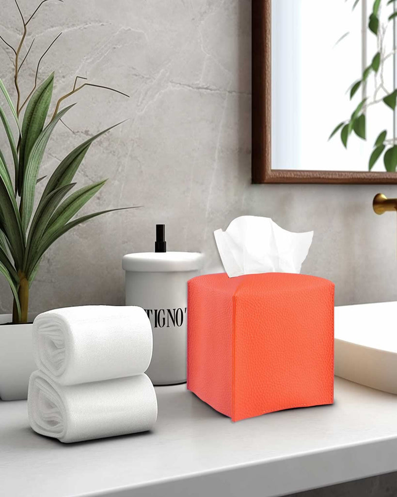 Orange Tissue Box Cover Square – Tissue Box Holder with Bottom Belt [JESMINI] Modern PU Leather Tissue Holder for Home Fall Decoration