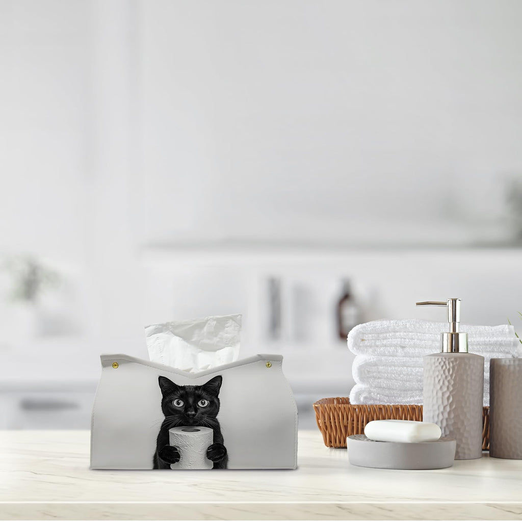 PaJiaNi Cute Black Cat Leather Tissue Box Cover for Bathroom Decor,Fun Cat Toilet Paper Box Holder,Funny Decorative Facial Paper Case for Living Room Bathroom Office Desk,9.8x5.9x5.9In
