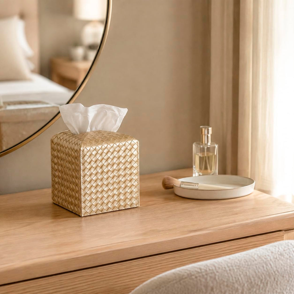 Tissue Box Cover Square Leather Facial Paper Holder, Gold