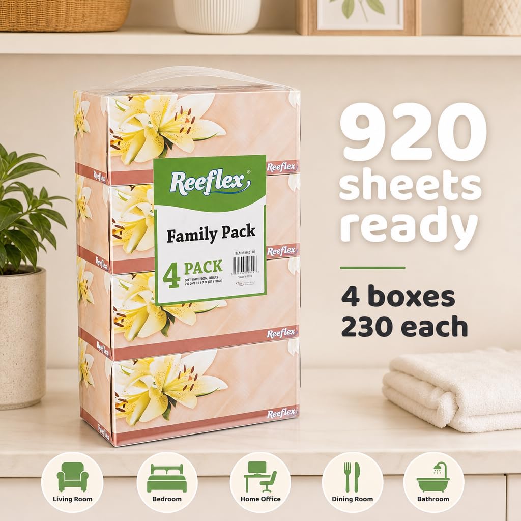 Reeflex Facial Tissues, 2-Ply Soft Facial Tissue - 4 Boxes, 230 Sheets Per Box (920 Total Sheets), Gentle & Durable Tissue Boxes Bulk for Home, Office & Travel (Pack of 2)
