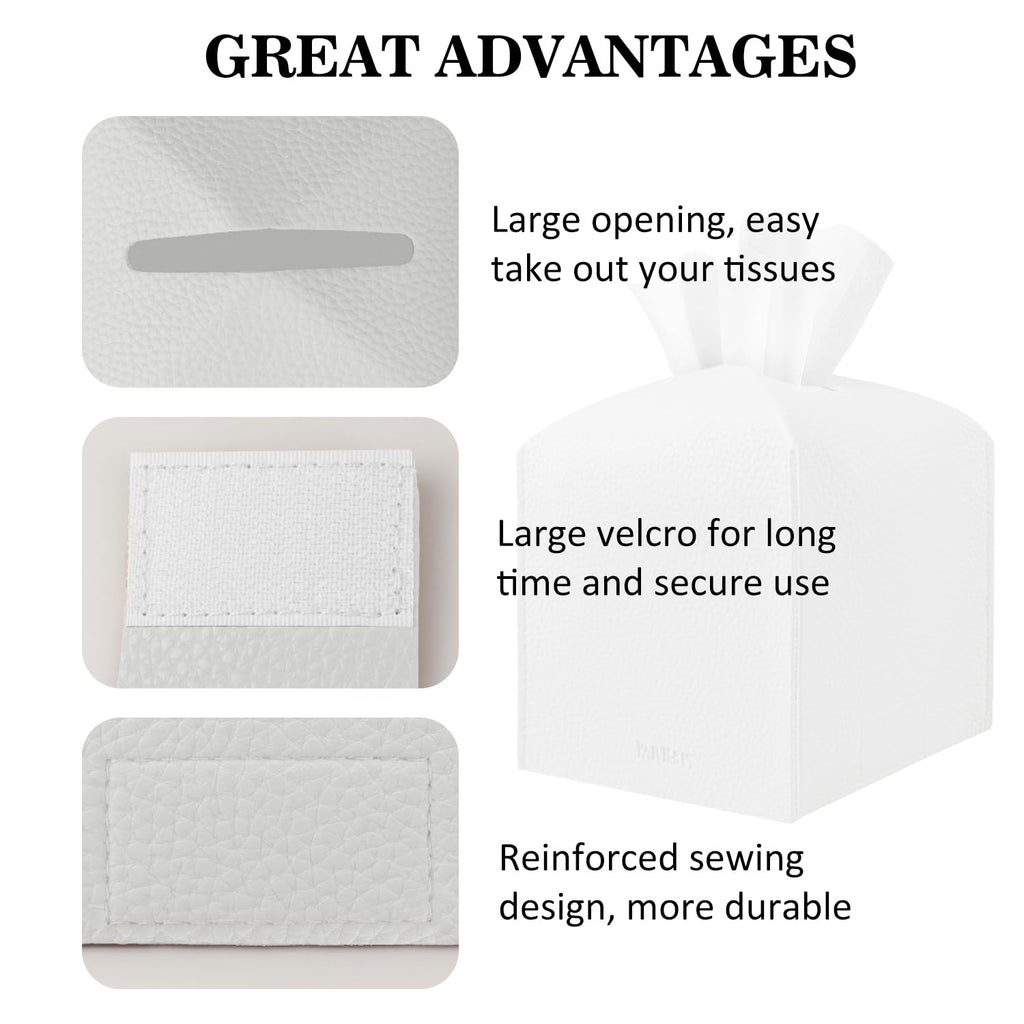 PARIERIS Tissue Box Cover Holder Square Tissue Cube Cover PU Leather Tissue Organizer with Bottom Belt for Bathroom, Tabletop, Car, Night Stands, Office, Home, Kitchen (1, White)