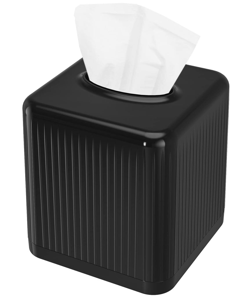 Livelab Square Plastic Tissue Box Holder with Base - Modern Cube Decorative Tissue Cover for Bathroom, Countertop, Living Room, Bedroom, Office - Black