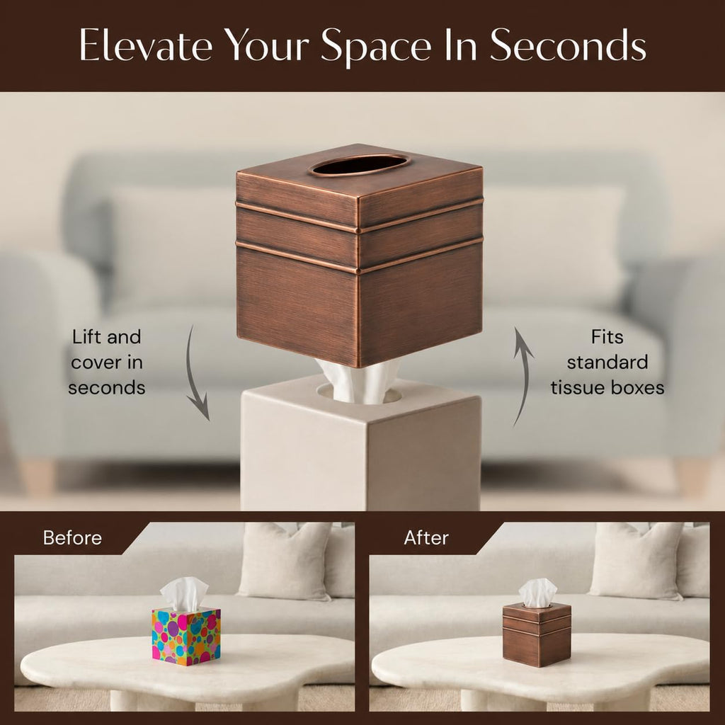 Monarch Abode Tissue Box Cover Square – Handcrafted Border Embossed Antique Copper Metal Tissue Holder Box for Bathroom Accessory, Aesthetic Decorative Facial Napkin Cube for Modern Home Decor