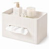 KINGFOM Ribbed PU Leather Tissue Box Cover with Storage Tray, Rectangular Facial Tissue Holder for Bathroom Vanity, Nightstand & Office Desk, Modern Decorative Tissue Dispenser (Ivory White)