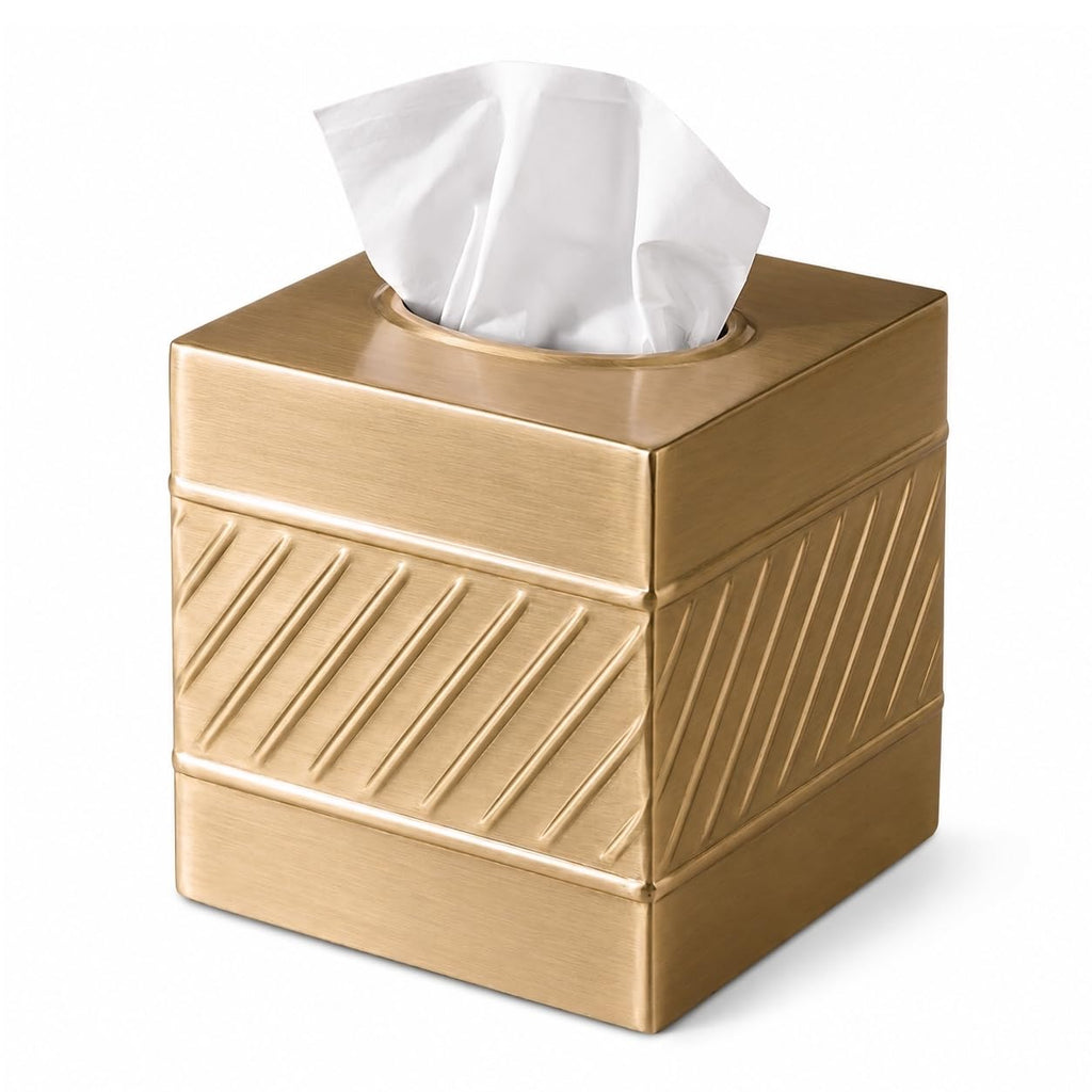 Monarch Abode Tissue Box Cover Square – Handcrafted Wave Embossed Brushed Gold Metal Tissue Holder Box for Bathroom Accessory, Aesthetic Decorative Facial Napkin Cube for Modern Home Decor