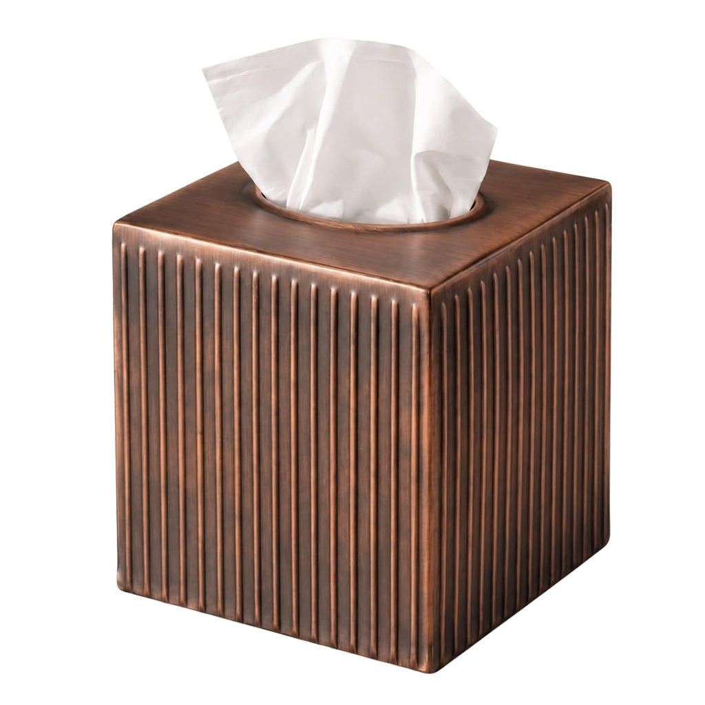 Monarch Abode Tissue Box Cover Square – Handcrafted Ridge Embossed Antique Copper Metal Tissue Holder Box for Bathroom Accessory, Aesthetic Decorative Facial Napkin Cube for Modern Home Decor