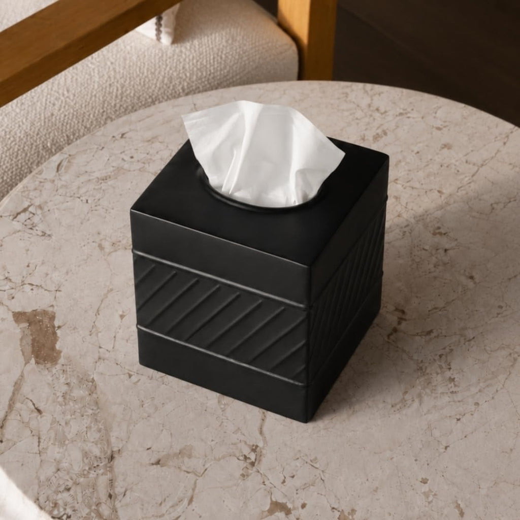 Monarch Abode Tissue Box Cover Square – Handcrafted Wave Embossed Black Metal Tissue Holder Box for Bathroom Accessory, Aesthetic Decorative Facial Napkin Cube for Modern Home Decor