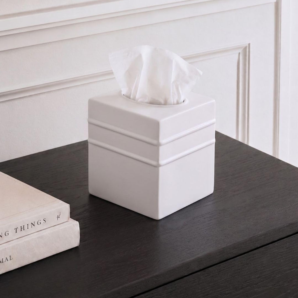 Monarch Abode Tissue Box Cover Square – Handcrafted Border Embossed White Metal Tissue Holder Box for Bathroom Accessory, Aesthetic Decorative Facial Napkin Cube for Modern Home Decor