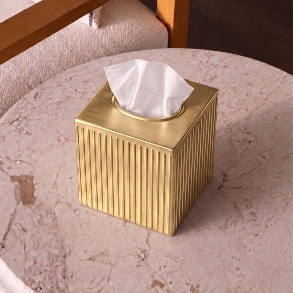 Monarch Abode Tissue Box Cover Square – Handcrafted Ridge Embossed Brushed Gold Metal Tissue Holder Box for Bathroom Accessory, Aesthetic Decorative Facial Napkin Cube for Modern Home Decor