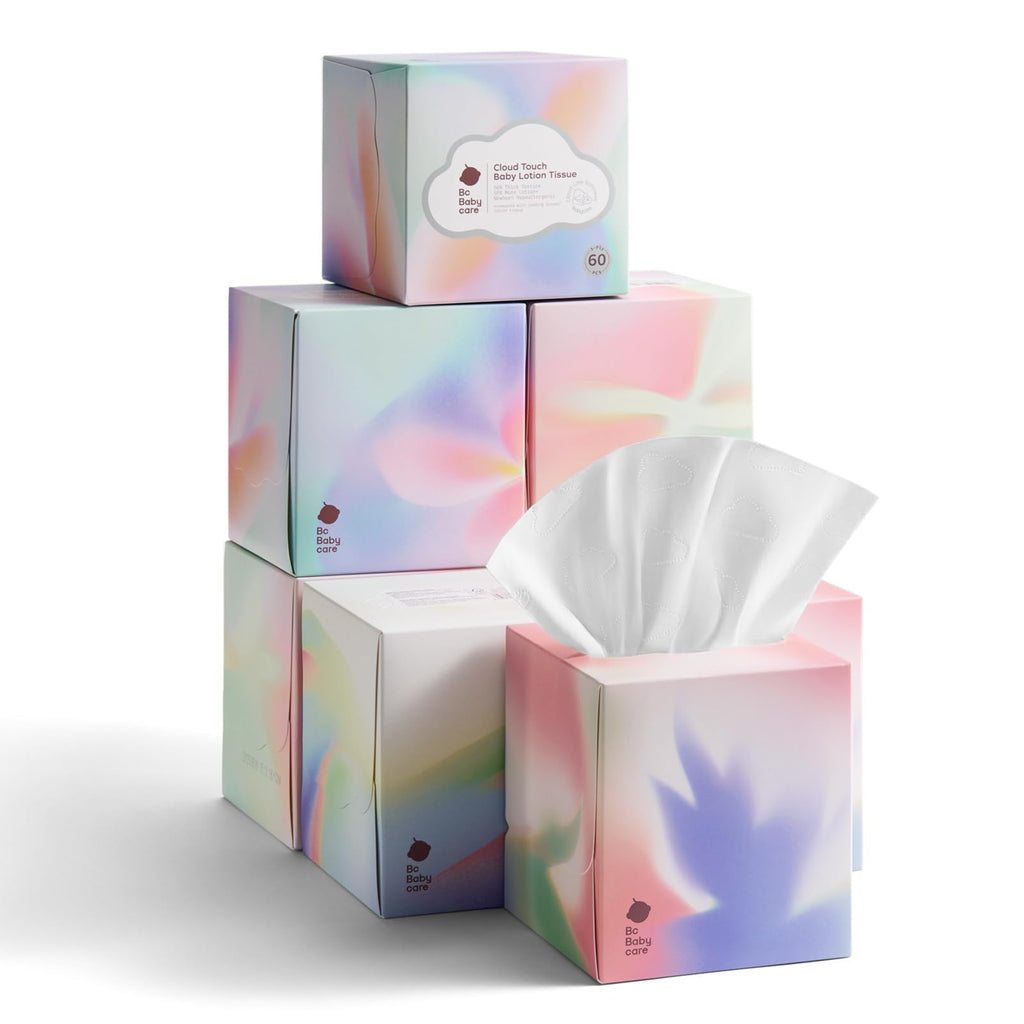 Bc Babycare Cloud Touch Lotion Ultra Soft Facial Tissues, 8 Cube Boxes, Hypoallergenic, Plant-based Materials, Clean Gentle Baby Essentials, 60 Tissues Per Box, 5-Ply