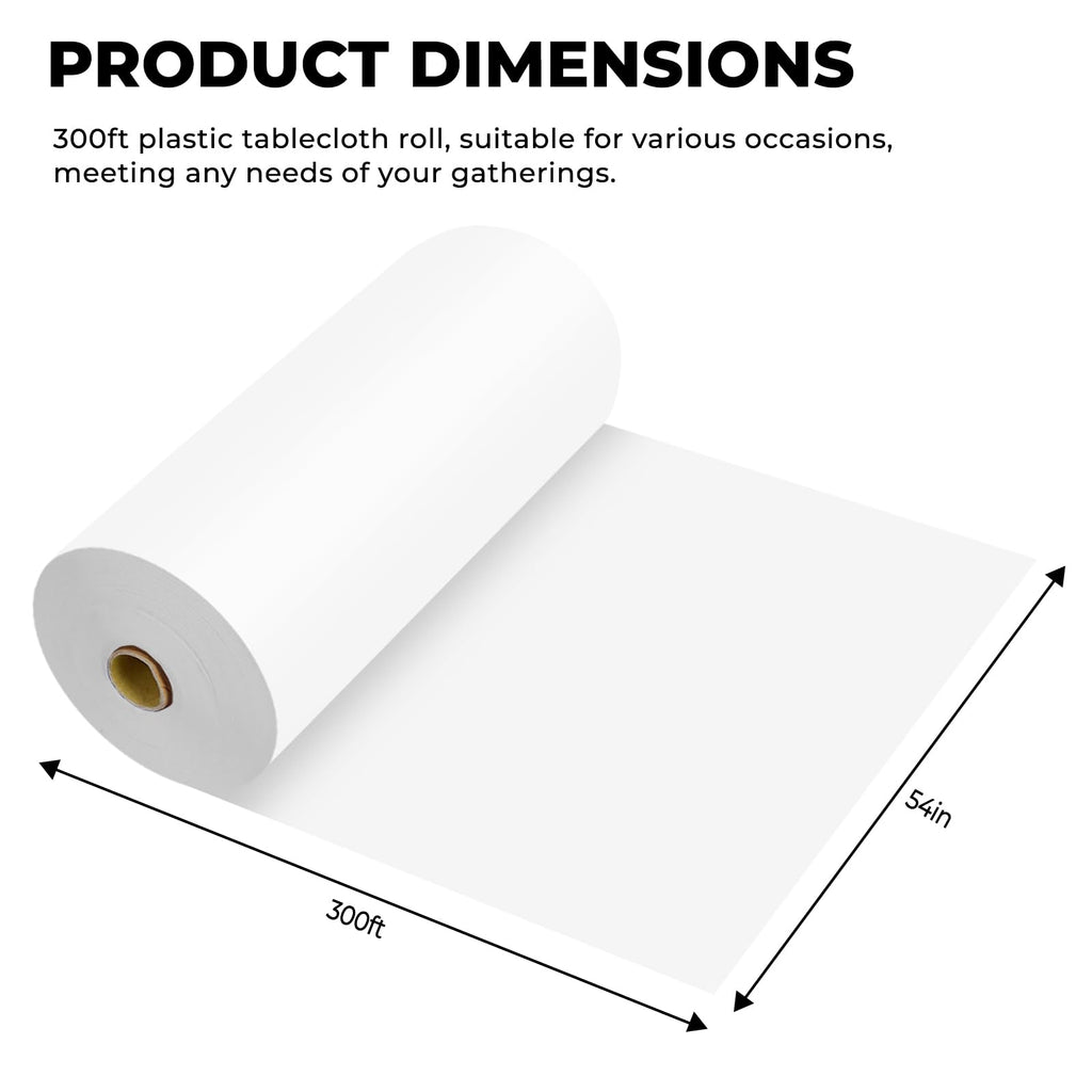 JHDZDHY 54 Inch X 300 Feet Plastic Table Cover Roll Premium Disposable Plastic Tablecloth for All Type/Shape Tables | Picnic, Party, Banquet, Birthdays, Weddings (White, 54 Inch X 300 Feet)