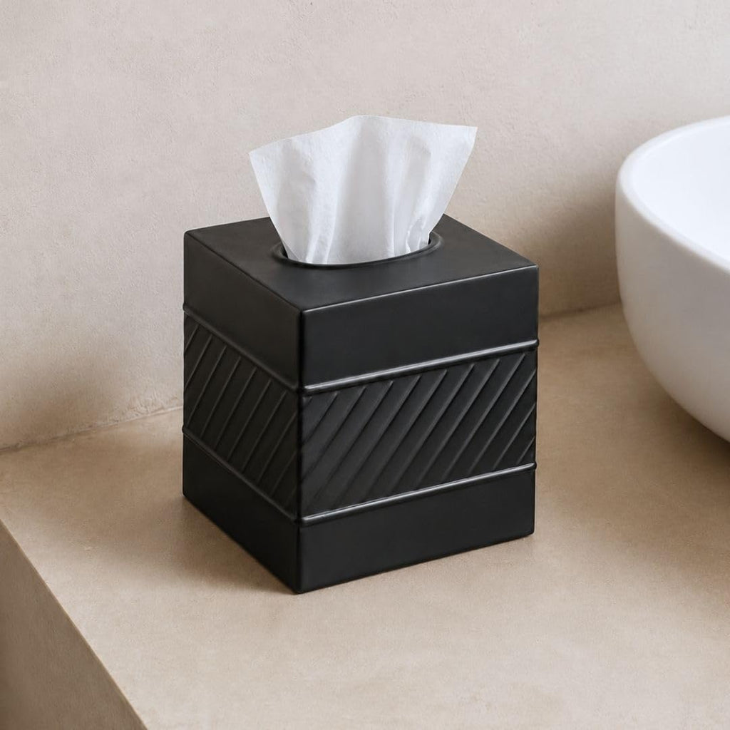 Monarch Abode Tissue Box Cover Square – Handcrafted Wave Embossed Black Metal Tissue Holder Box for Bathroom Accessory, Aesthetic Decorative Facial Napkin Cube for Modern Home Decor