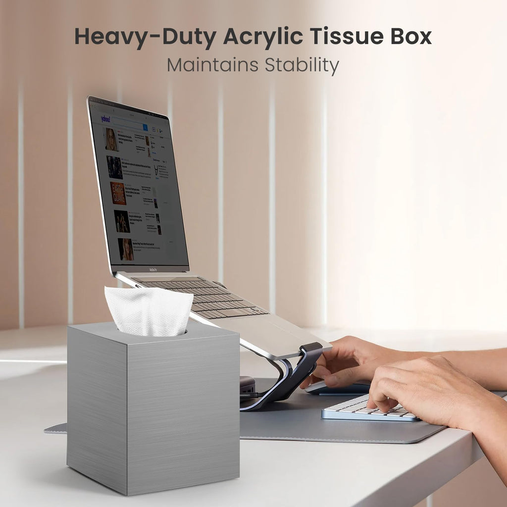 Tissue Box Cover, Square Plastic Tissue Holder with Non-Slip Base, Sliver