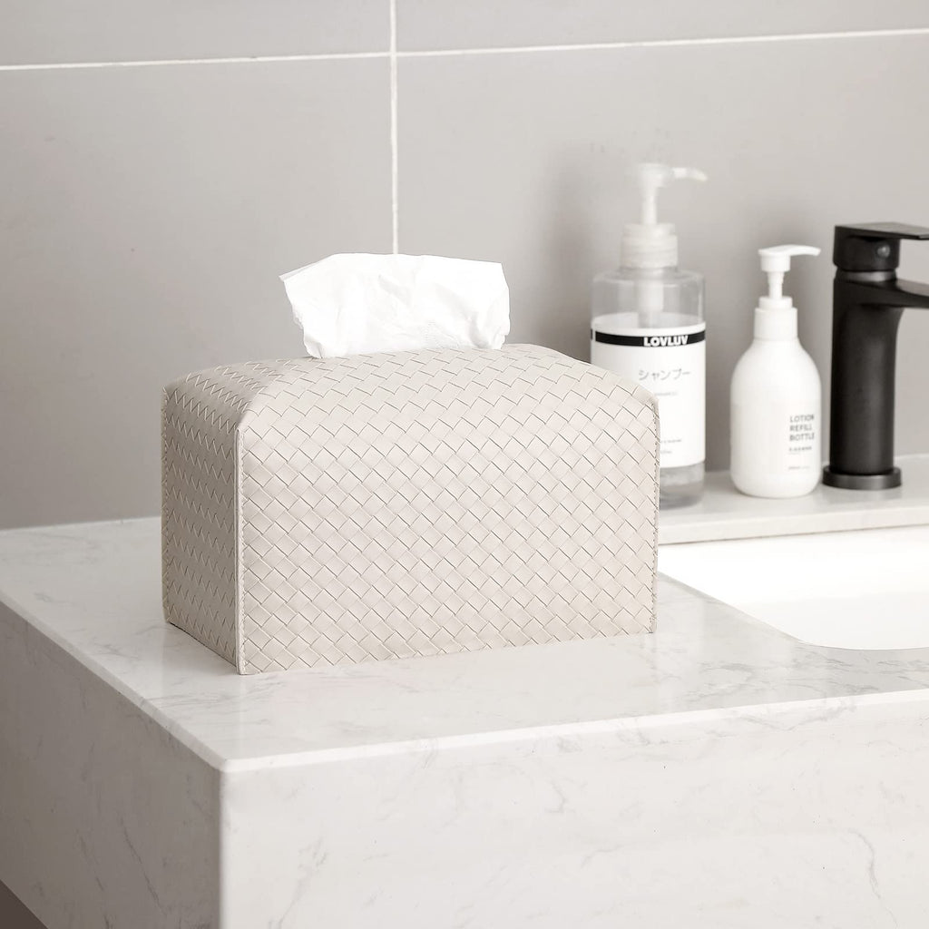 Tissue Box Cover PU Leather Tissue Holder Square Facial Tissue Case Facial Paper Organizer Dispenser for Bathroom, Vanity Countertop, Tabletop, Car, Rectangle, Griege