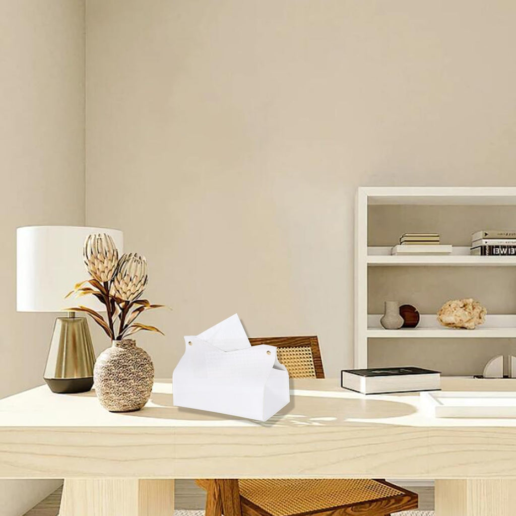 Aguoqwen 1PCS PU Leather Tissue Box Cover, Rectangle Facial Paper Organizer Dispenser, Modern Tissue Case Holder for Vanity Countertop Nightstands Living Room Office Desk Car (White)
