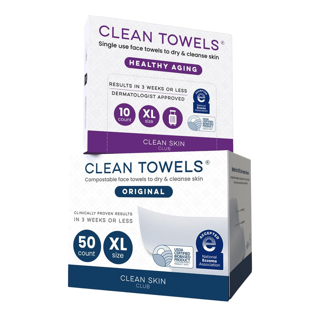 Clean Skin Club Clean Towels XL® Original 50 Ct + Healthy Aging 10ct Travel Pack Duo, 100% USDA Biobased Disposable Face Towels, Makeup Remover Dry Wipes, Ultra Soft, Smooths Fine Lines & Wrinkles
