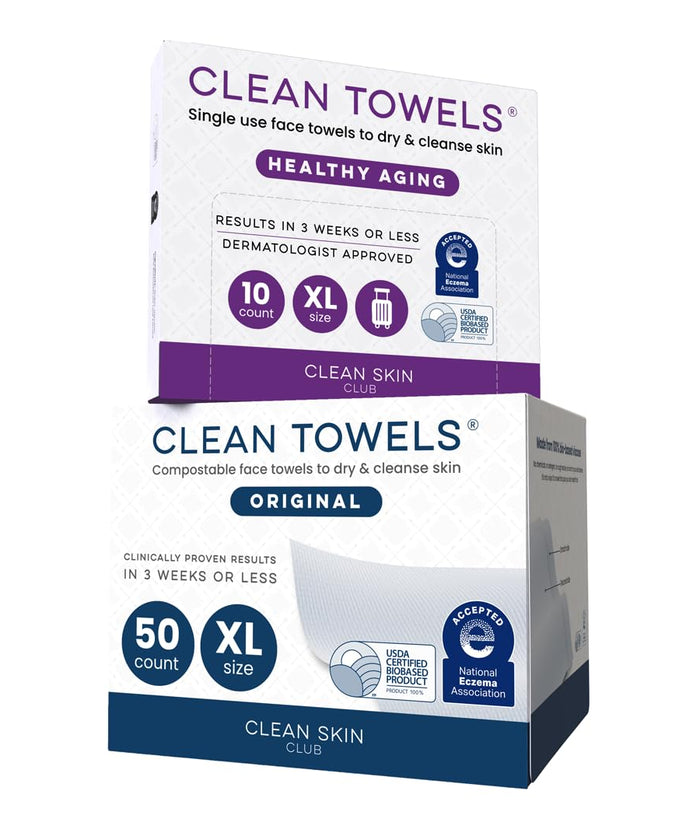 Clean Skin Club Clean Towels XL® Original 50 Ct + Healthy Aging 10ct Travel Pack Duo, 100% USDA Biobased Disposable Face Towels, Makeup Remover Dry Wipes, Ultra Soft, Smooths Fine Lines & Wrinkles