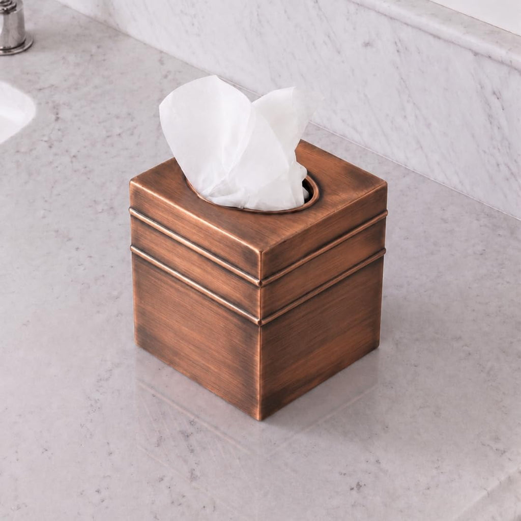 Monarch Abode Tissue Box Cover Square – Handcrafted Border Embossed Antique Copper Metal Tissue Holder Box for Bathroom Accessory, Aesthetic Decorative Facial Napkin Cube for Modern Home Decor