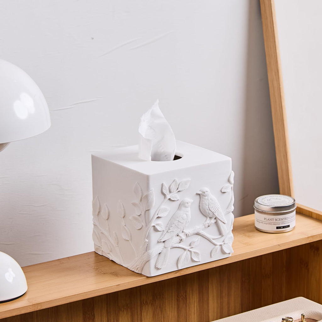 White Square Tissue Box Cover with Marble Relief Birds Branch Decorative