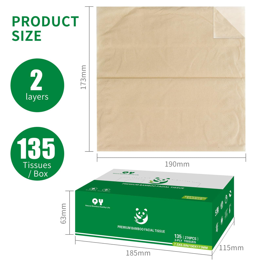 QingYa Unbleached Bamboo Facial Tissues 2 ply - 12 Boxes of 100% Natural, Hypoallergenic, 134 Sheets per Box, FSC Certified, Eco - Friendly, Ultra - Soft & Gentle for Everyday Home and Office Use