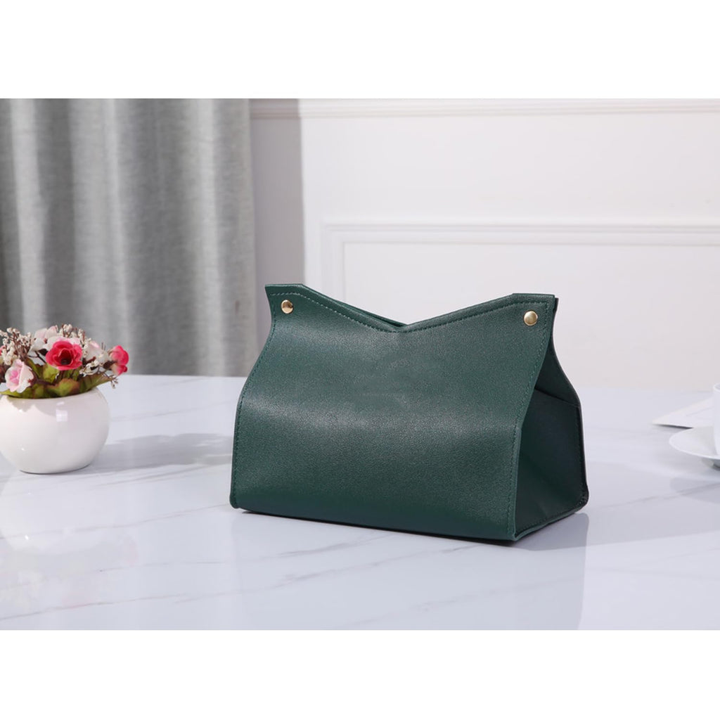 Aguoqwen 1PCS PU Leather Tissue Box Cover, Rectangle Facial Paper Organizer Dispenser, Modern Tissue Case Holder for Vanity Countertop Nightstands Living Room Office Desk Car (Dark Green)