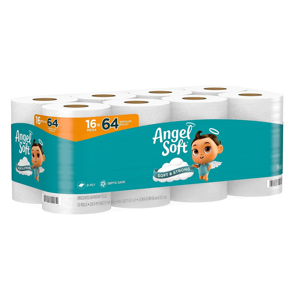 Angel Soft Toilet Paper, 16 Mega Rolls = 64 Regular Rolls, Soft and Strong Toilet Tissue