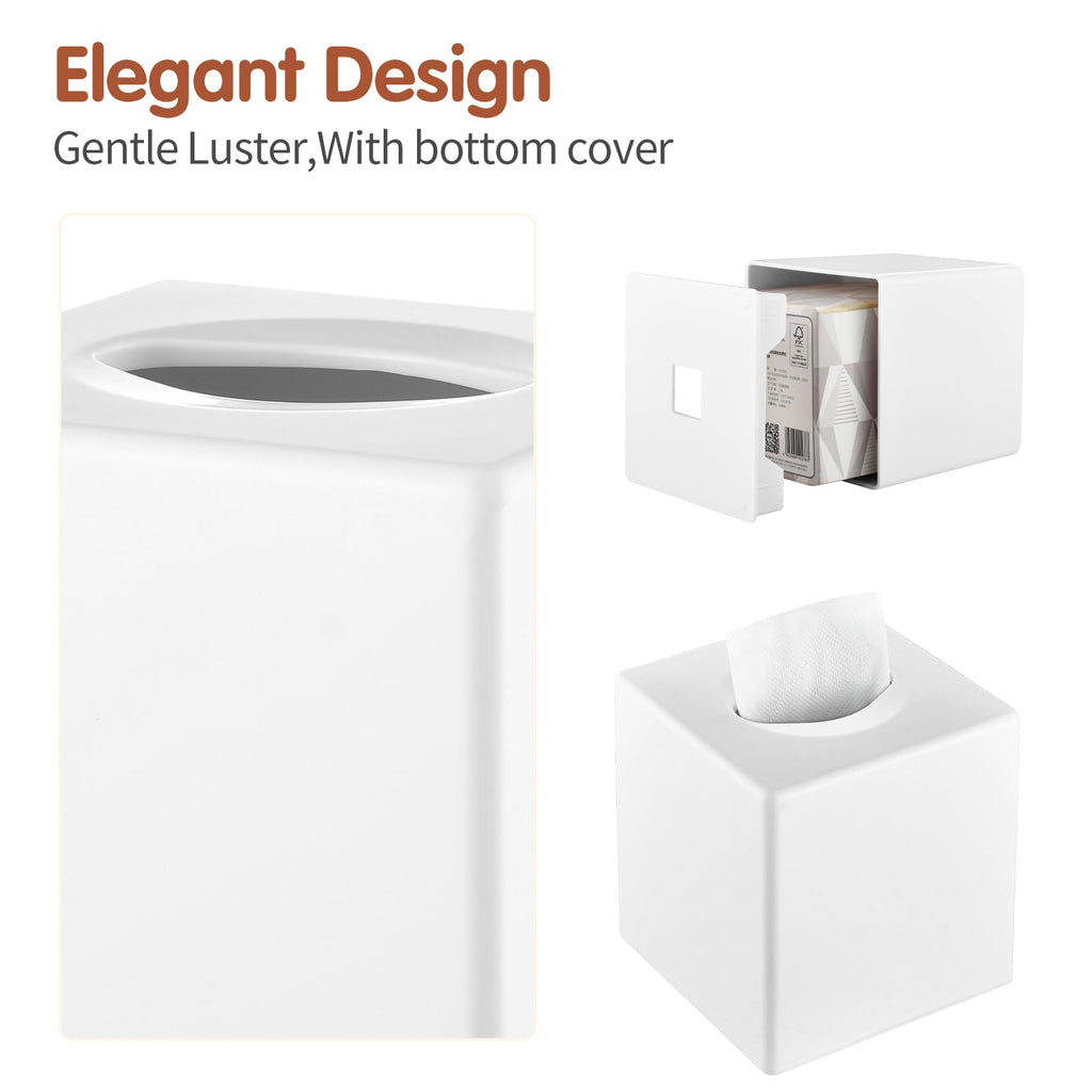 Y-in Hand Tissue Box Cover, Square Facial Tissue Holder with Bottom, White