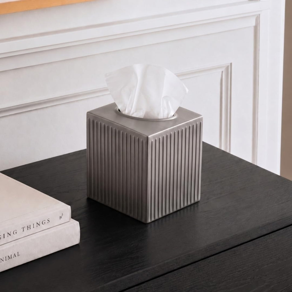 Monarch Abode Tissue Box Cover Square – Handcrafted Ridge Embossed Pewter Metal Tissue Holder Box for Bathroom Accessory, Aesthetic Decorative Facial Napkin Cube for Modern Home Decor