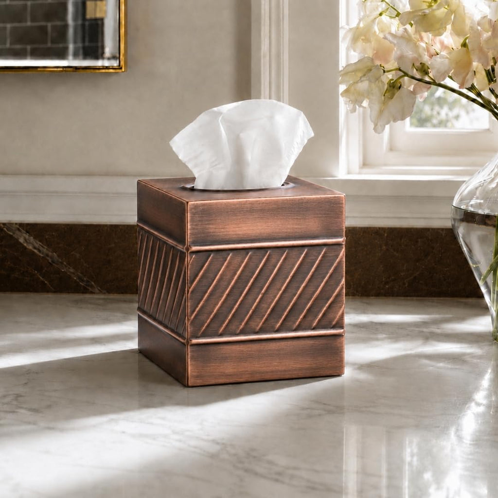 Monarch Abode Tissue Box Cover Square – Handcrafted Wave Embossed Antique Copper Metal Tissue Holder Box for Bathroom Accessory, Aesthetic Decorative Facial Napkin Cube for Modern Home Decor