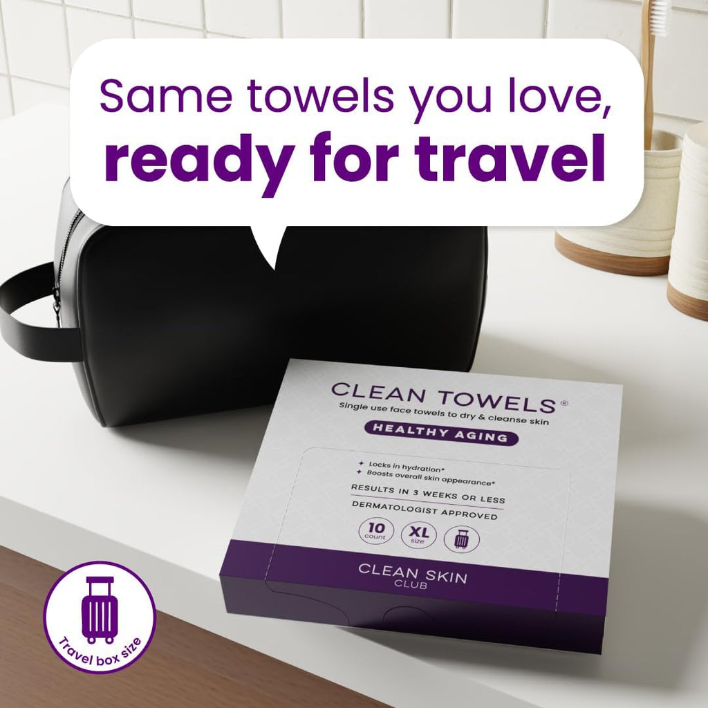 Clean Skin Club Clean Towels XL® Original 50 Ct + Healthy Aging 10ct Travel Pack Duo, 100% USDA Biobased Disposable Face Towels, Makeup Remover Dry Wipes, Ultra Soft, Smooths Fine Lines & Wrinkles