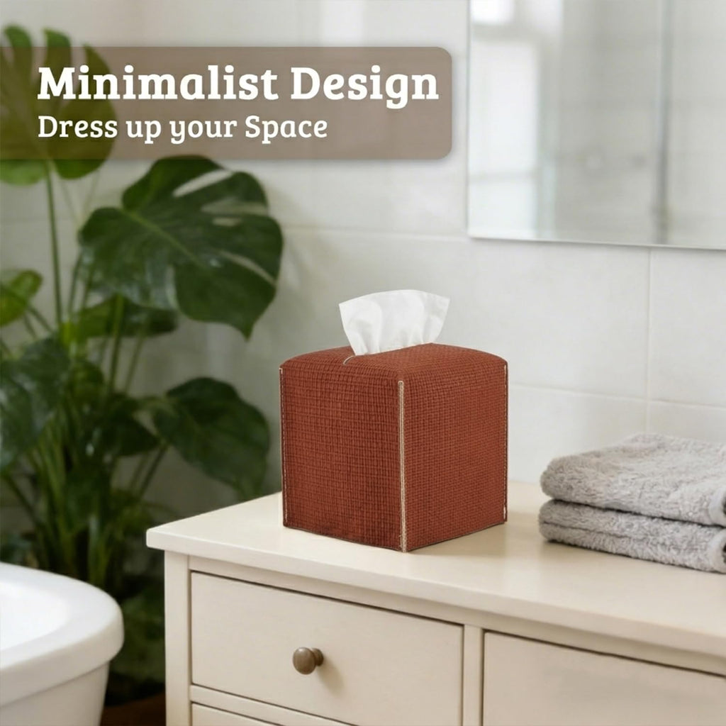Ricomboo 2 Pack Tissue Box Cover Square, 5x5x5 PU Leather Tissue Boxes Holder, Decor Cube Paper Organizer with Bottom Belt for Bathroom, Home, Night Stands, Office, Kitchen (Terracotta Red)