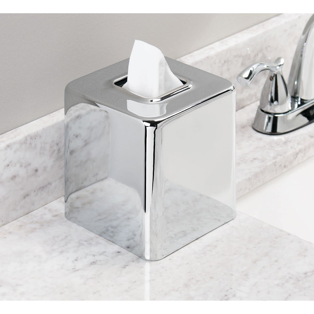 mDesign Metal Square Tissue Box Cover, Modern Facial Paper Holder, Accessories for Bathroom Vanity Countertop, Bedroom Dresser, Night Stand, Desk, Office, End Table, Unity Collection - 2 Pack - Chrome