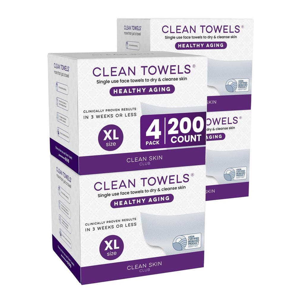 Clean Skin Club Healthy Aging Clean Towels® XL, Smooths, Treated for Extra Softness, Disposable Face Towels, Anti Aging Makeup Remover Dry Wipe, 4 Packs, 200 Ct Total