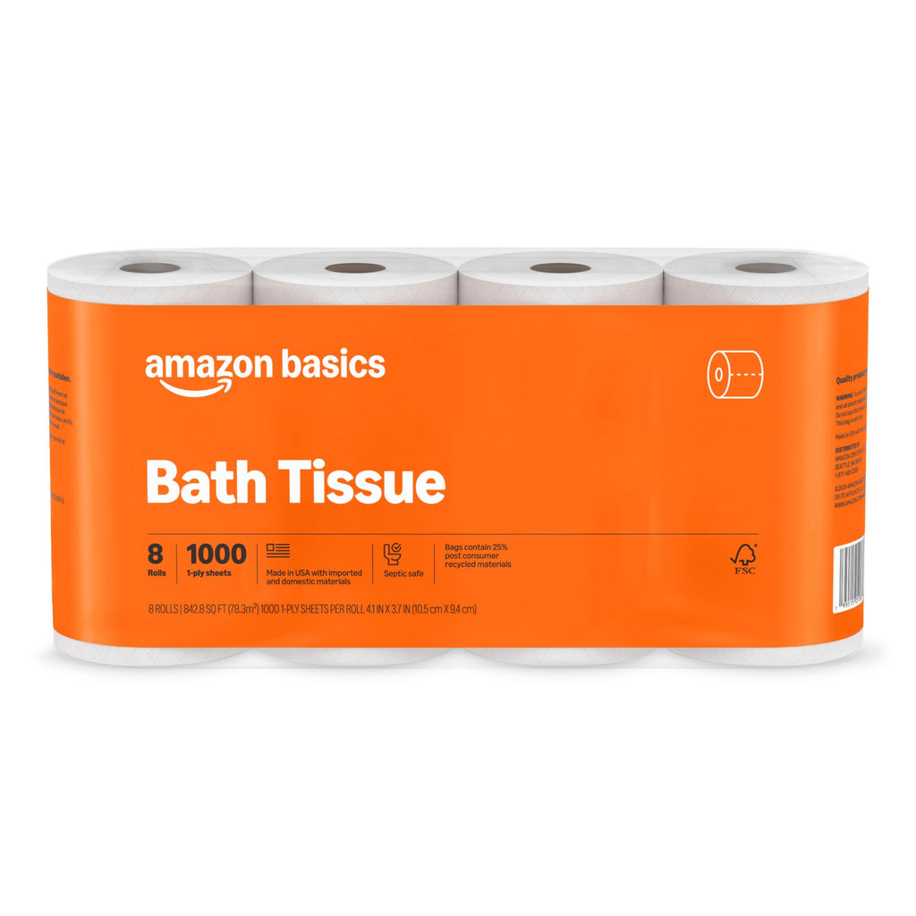 Amazon Basics 1000 Sheet 1-Ply Bath Tissue, 8 Rolls, Septic Safe