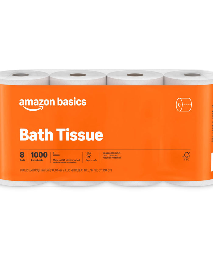 Amazon Basics 1000 Sheet 1-Ply Bath Tissue, 8 Rolls, Septic Safe