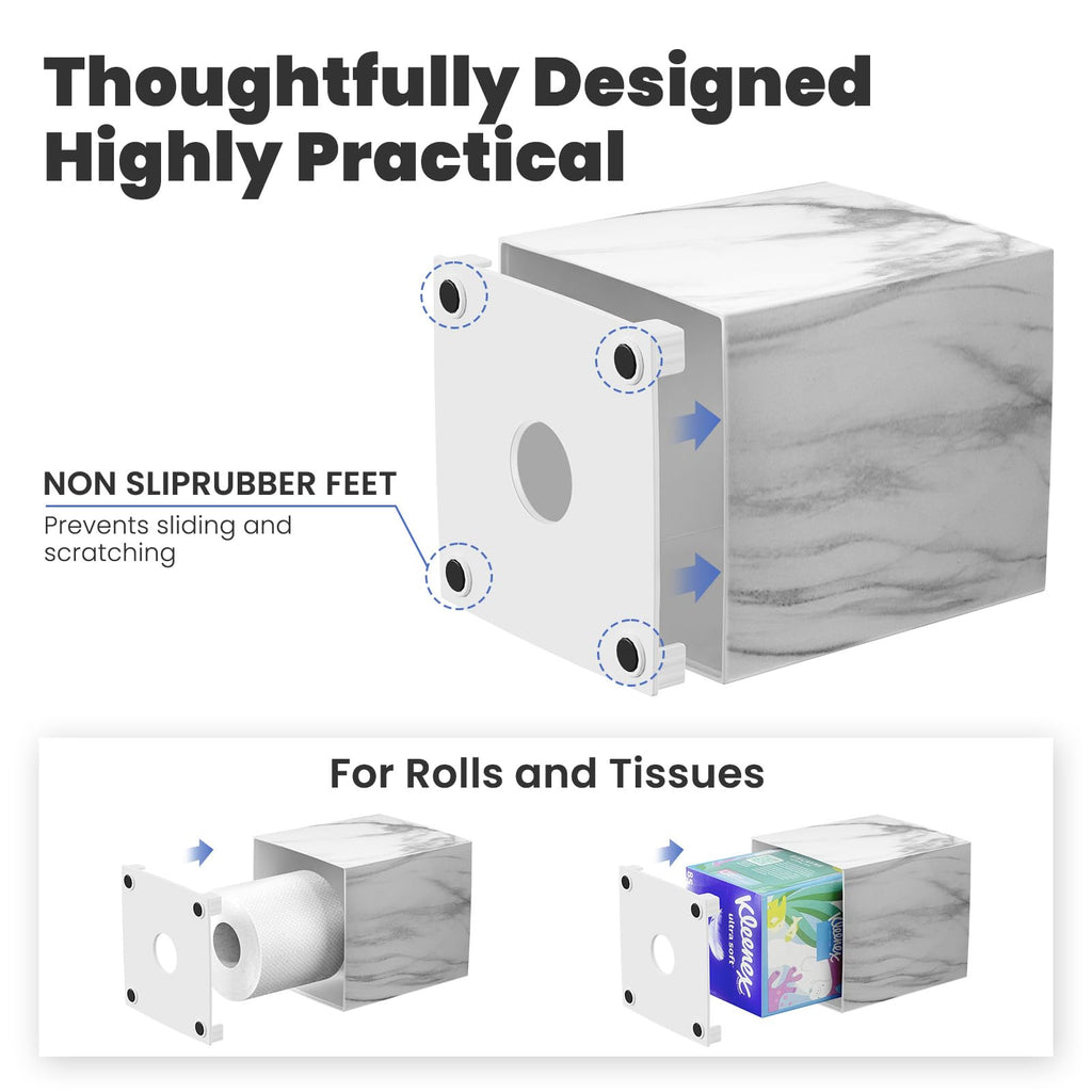 Tissue Box Cover, Plastic Tissue Holder with Non-Slip Base, Marble-Look