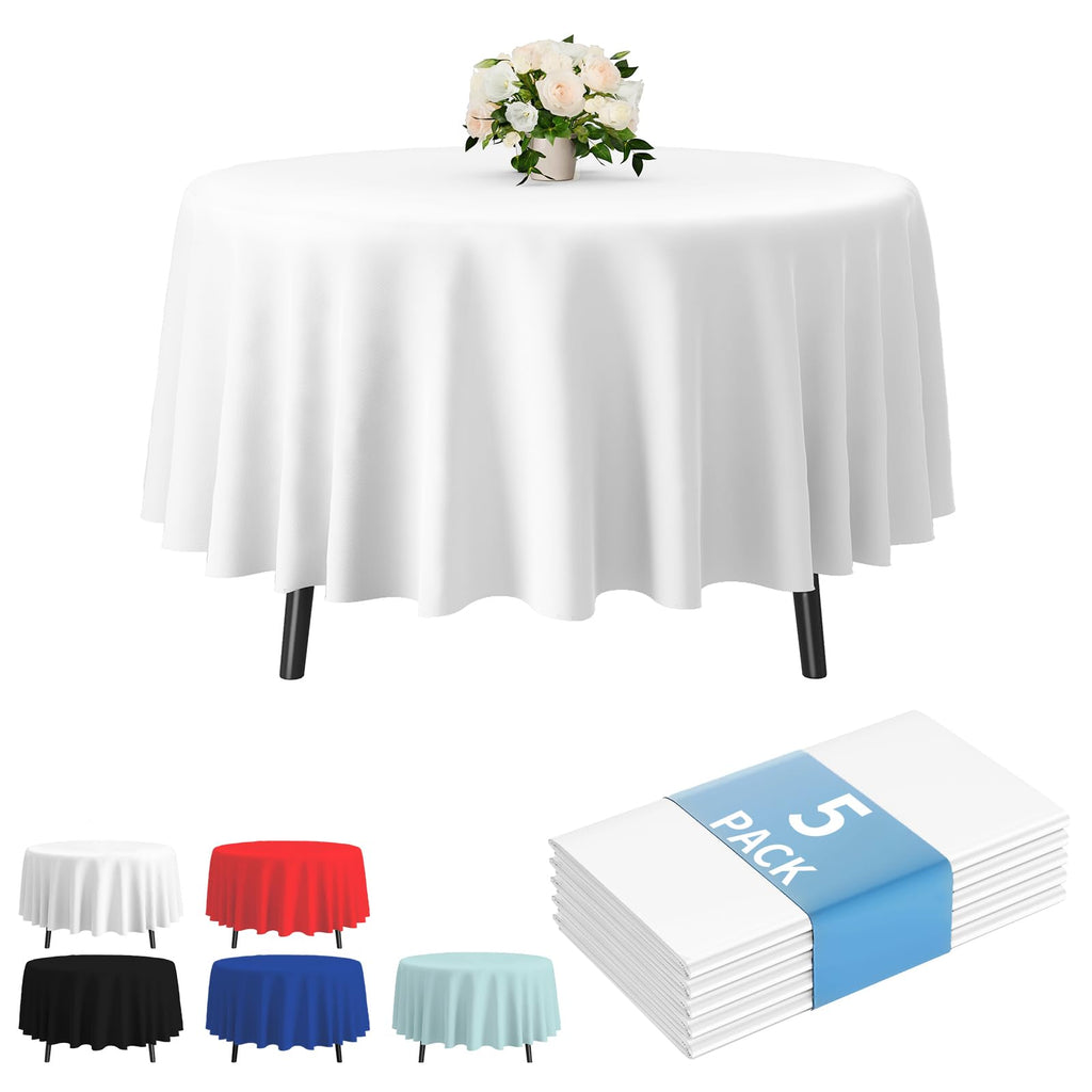 Fixwal 5 Pcs White Round Plastic Table Cloth Disposable, 84 Inch
