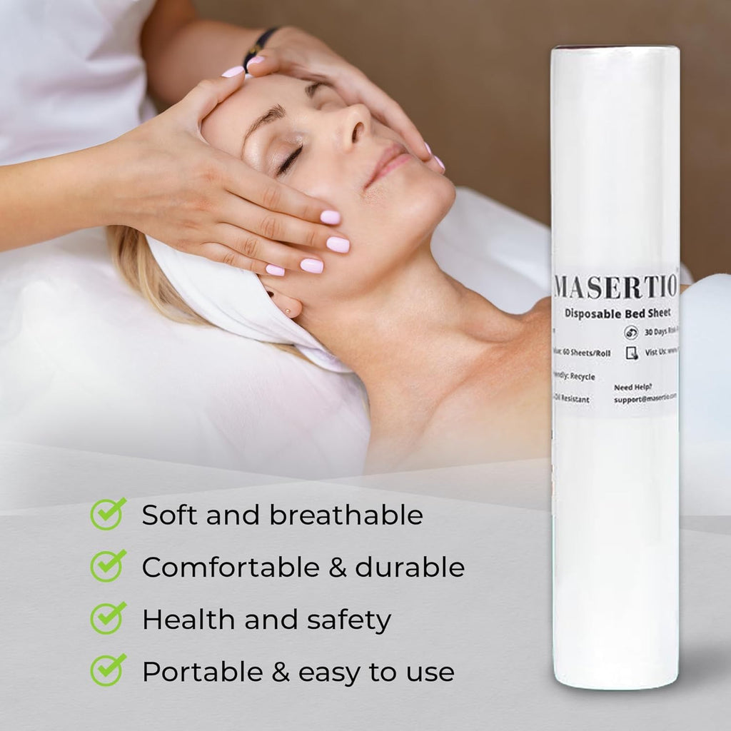 MASERTIO Disposable Massage Bed Cover - Non-woven Disposable Material - Ideal for Spa, Massage Table, Tattoo, Waxing Table - No Crinkle Table Sheets - 31.5 x 71 Inches (30 Sheets Per Roll)