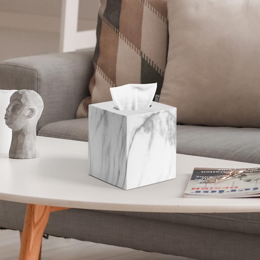 Tissue Box Cover, Plastic Tissue Holder with Non-Slip Base, Marble-Look