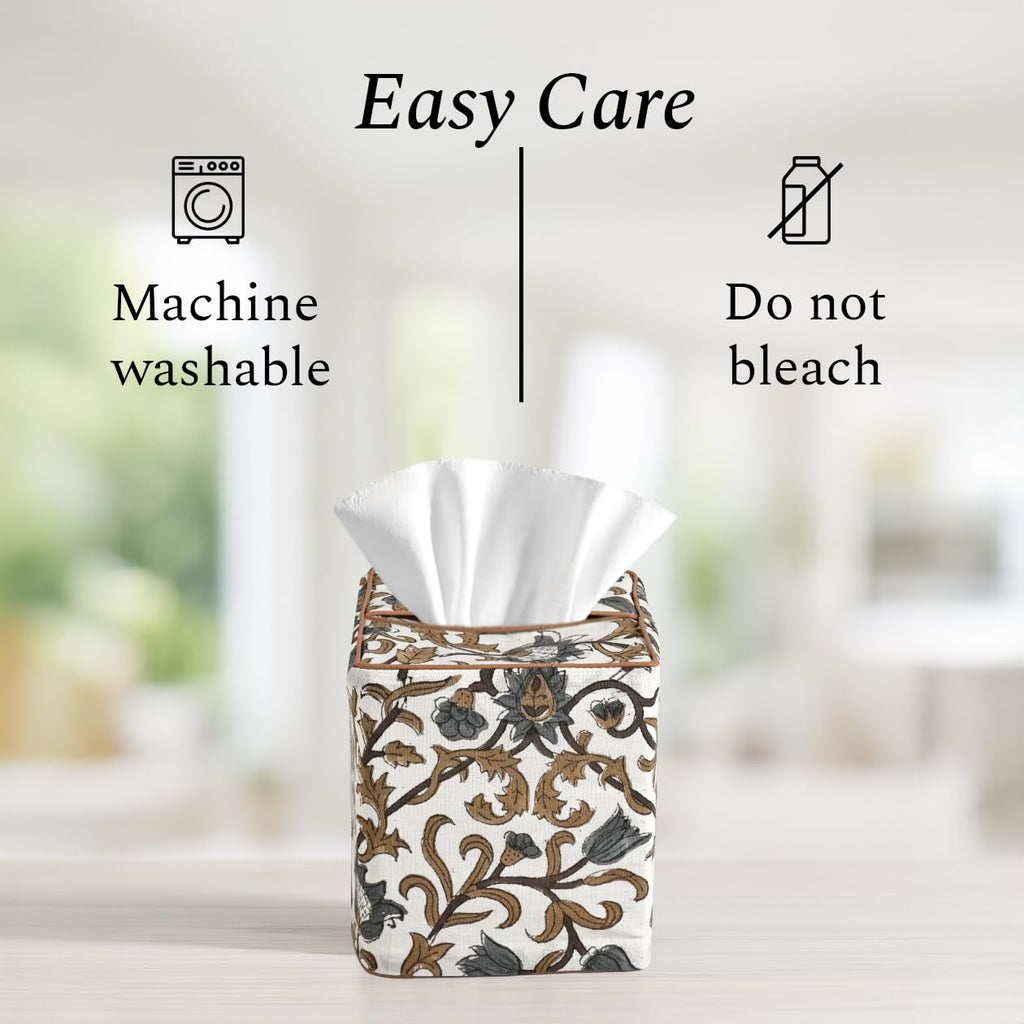 CPC 100% Cotton Piping Block Print Tissue Box Cover, Autumn Vine