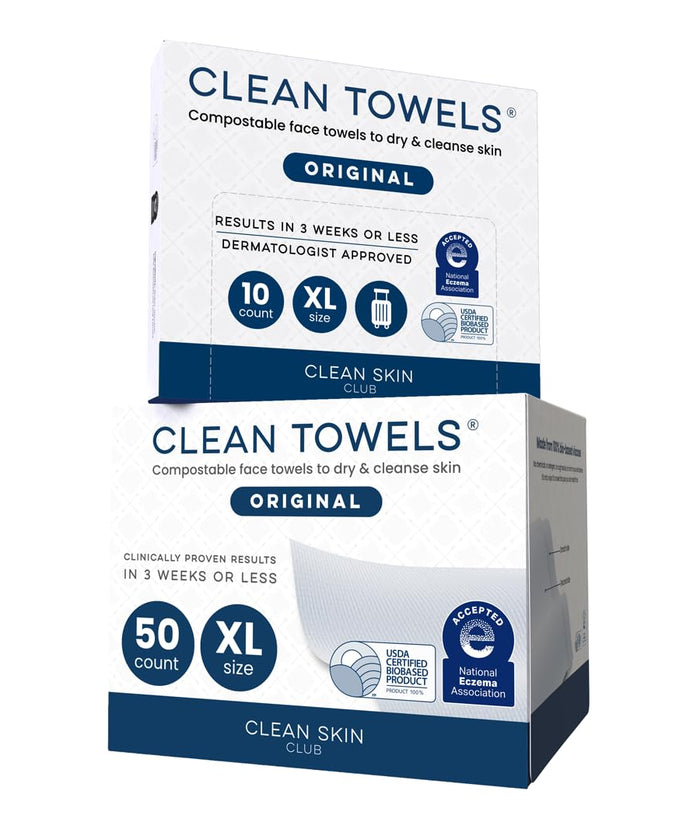Clean Skin Club Clean Towels XL® Original 50 Ct + 10ct Travel Pack Duo, 100% USDA Biobased Disposable Face Towels, Eczema Association Accepted, Makeup Remover Dry Wipes, Ultra Soft