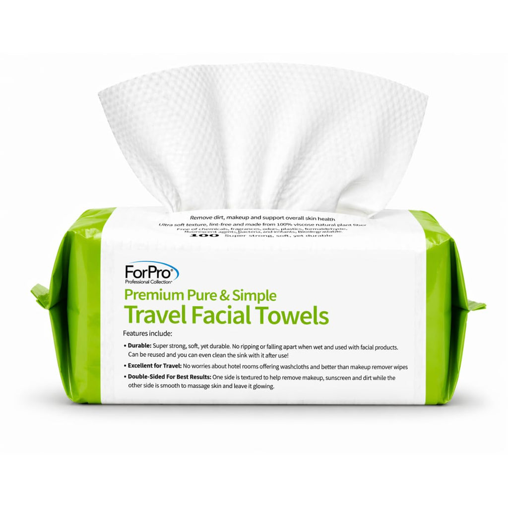 ForPro Pure & Simple Travel Facial Towels, 100ct, 8"x8", Vegan Cruelty-Free