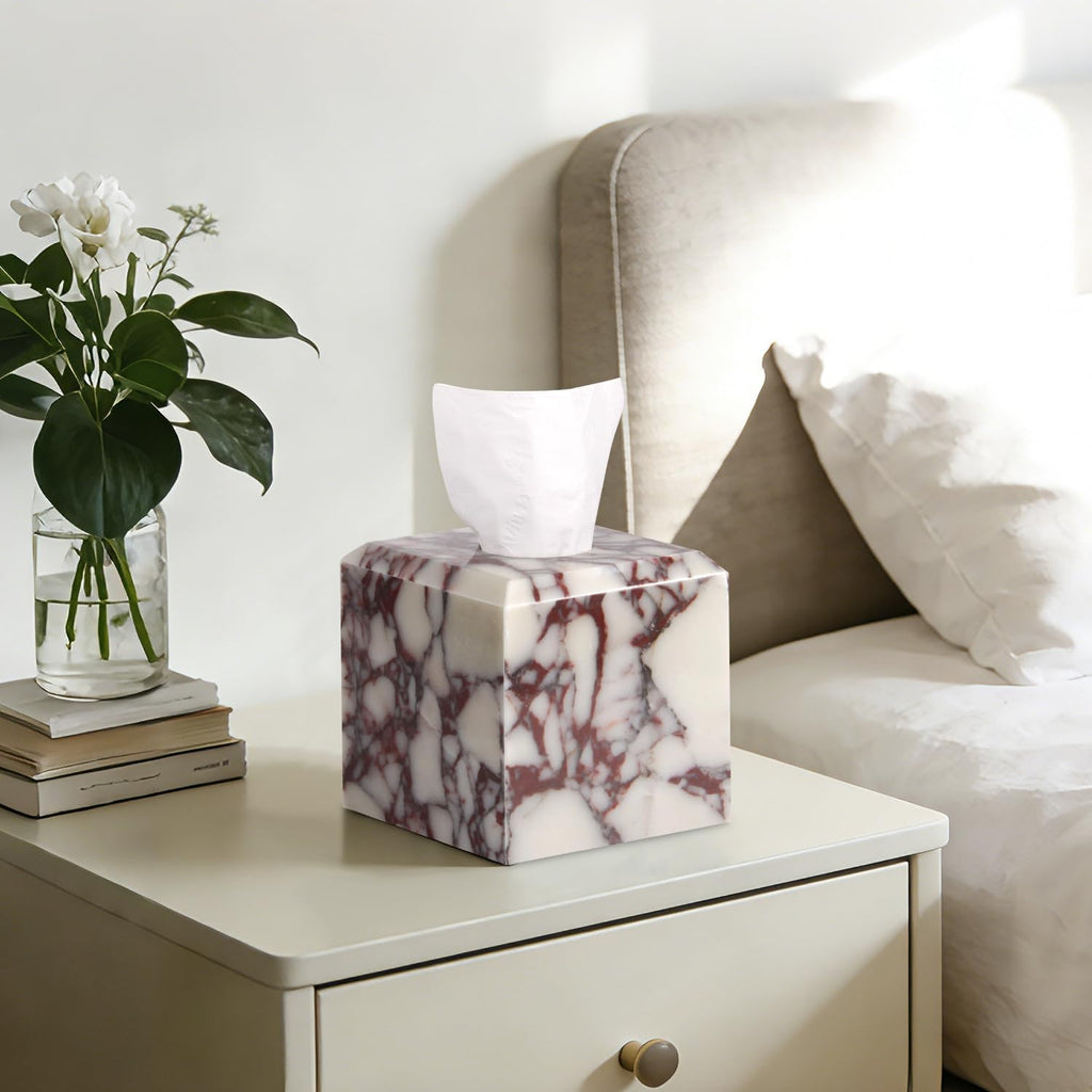 Natural Marble Square Tissue Box Cover ,Stone Modern Decorative Sturdy Napkin Box Holder Case,Facial Paper Organizer for Bathroom Vanity Toilet Countertop,Kitchen (1, Calacatta Viola, 5.71*5.71*5.51)