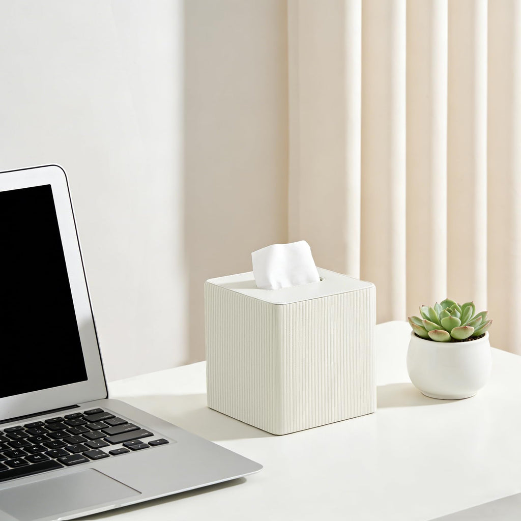 Mkono Tissue Box Cover, PU Leather Square Holder with Bottom, Beige