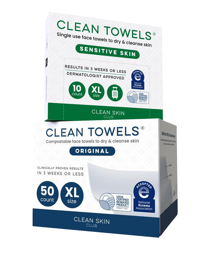 Clean Skin Club Clean Towels XL® Original 50 Ct + Sensitive Skin 10ct Travel Pack Duo, 100% USDA Biobased Disposable Face Towels, Makeup Remover Dry Wipes, Ultra Soft, with Aloe & Glycerin
