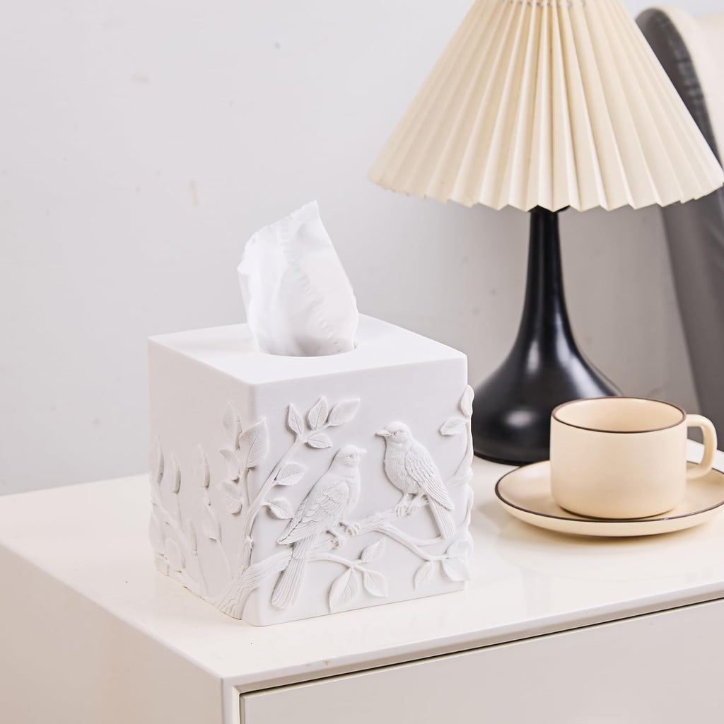 White Square Tissue Box Cover with Marble Relief Birds Branch Decorative