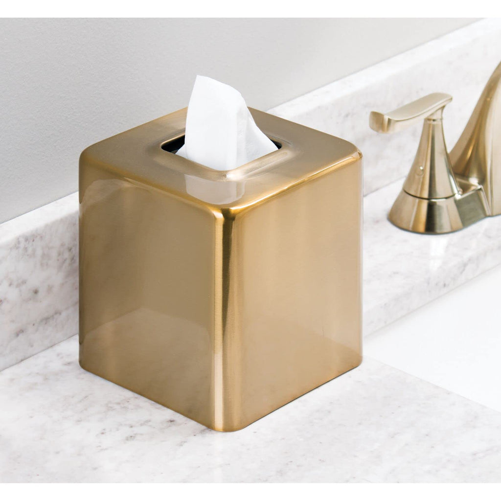 mDesign Metal Square Tissue Box Cover, Modern Facial Paper Holder - Accessories for Bathroom Vanity Countertop, Bedroom Dresser, Night Stand, Desk, Office and End Table - Unity Collection - Soft Brass