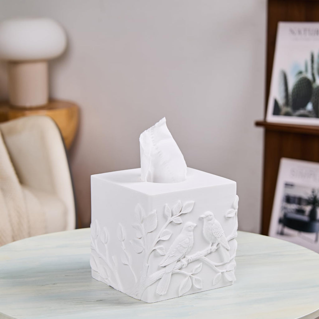 White Square Tissue Box Cover with Marble Relief Birds Branch Decorative